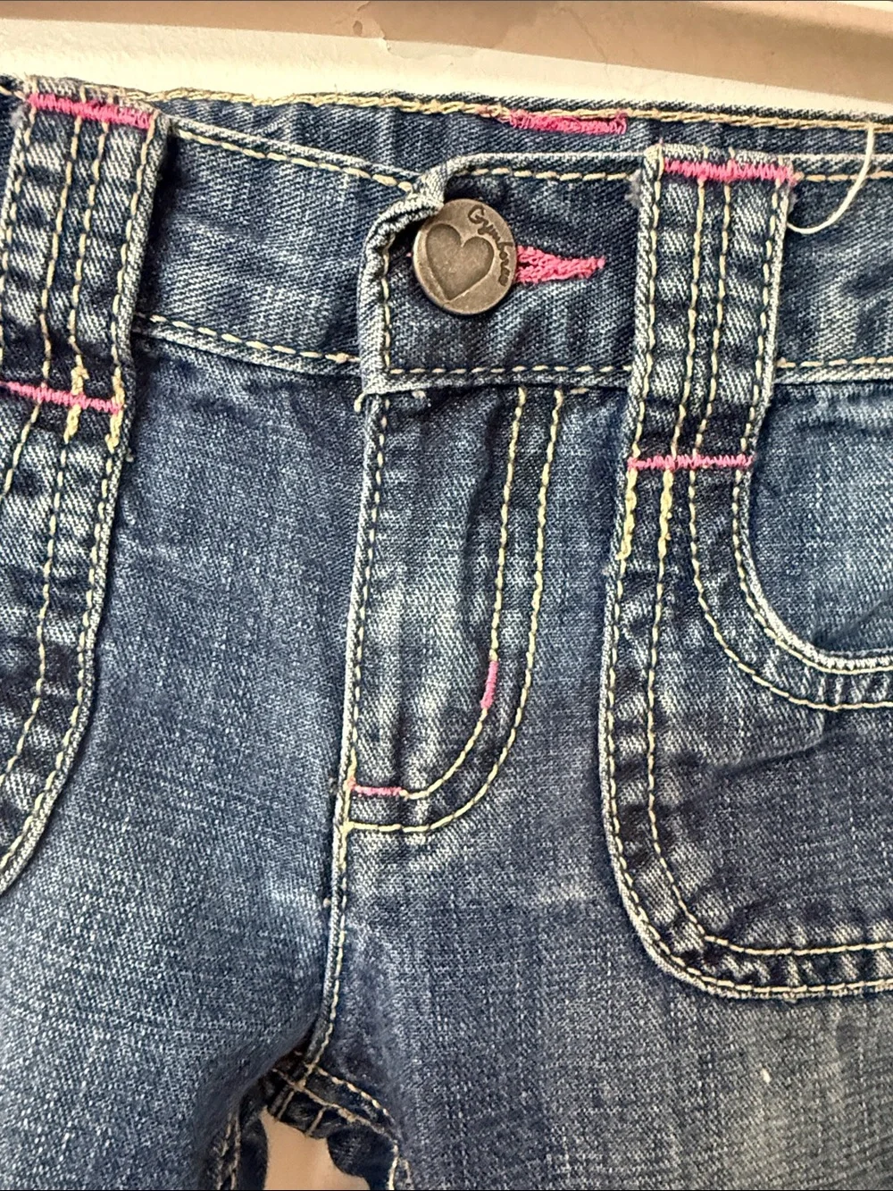Gymboree Dark Blue Denim Pants with Pink & Yellow Heart Accents Y2K
